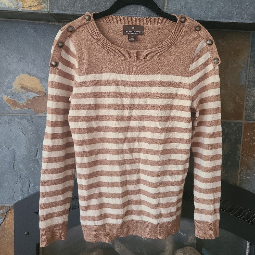 Fenn Wright Manson 100% Merino Wool Tan and Cream Striped Sweater size small